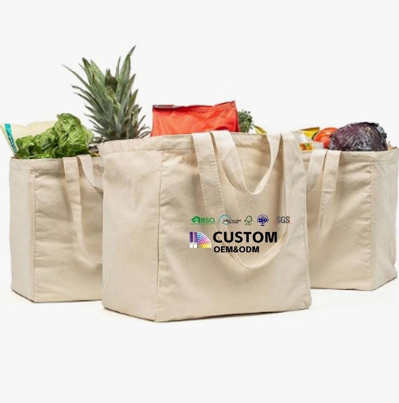 Shoulder Strap Canvas Grocery Handbag Shopping Tote Bag with Pockets